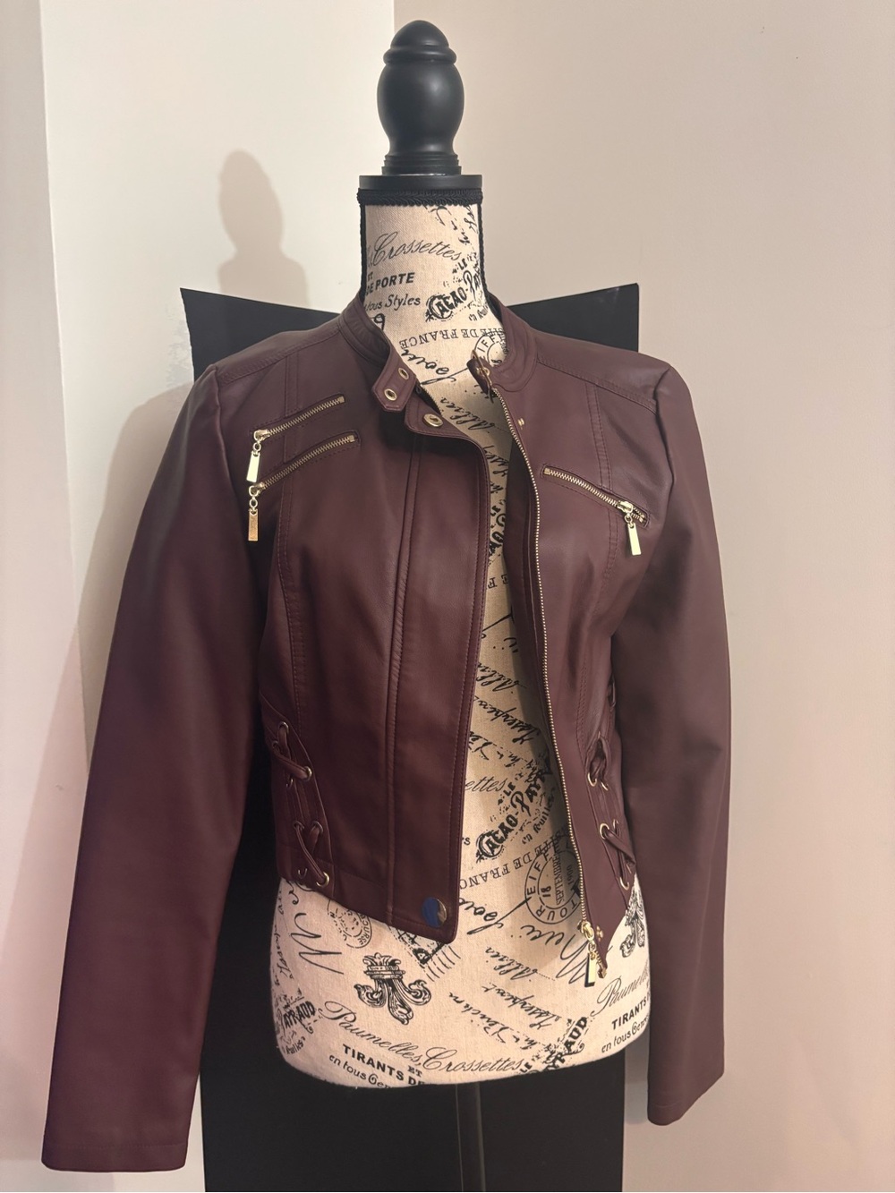 VENUS Wine Burgundy Faux Leather Jacket with Gold Zippers